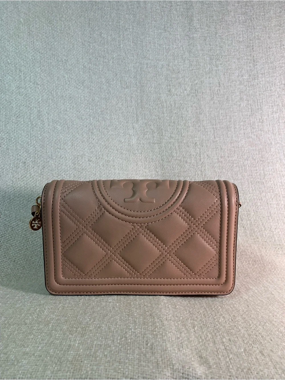 Tory Burch Fleming Pink Moon Quilted Leather Chain Wallet Crossbody Bag